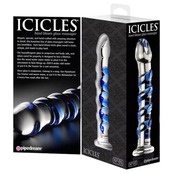 Icicles No. 5 - szklany dildo spiralny - przezroczysty niebieski