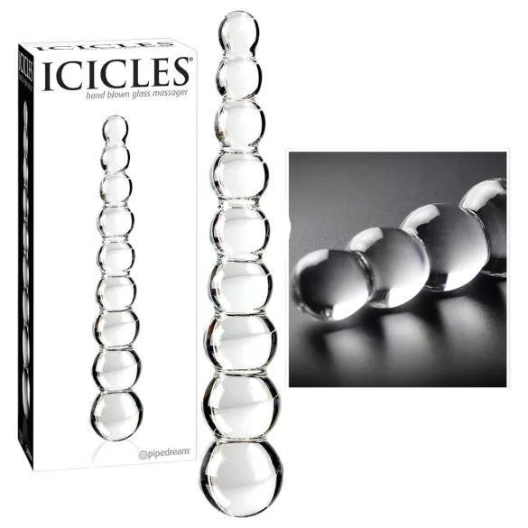 Icicles No. 2 - szklany dildo z kulkami - przezroczysty