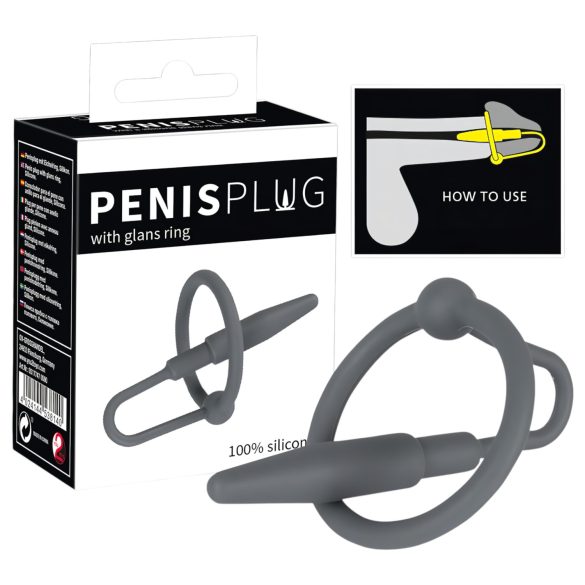 Plug do penisa - silikonowy pierścień żołędzi z stożkiem cewkowym (szary)