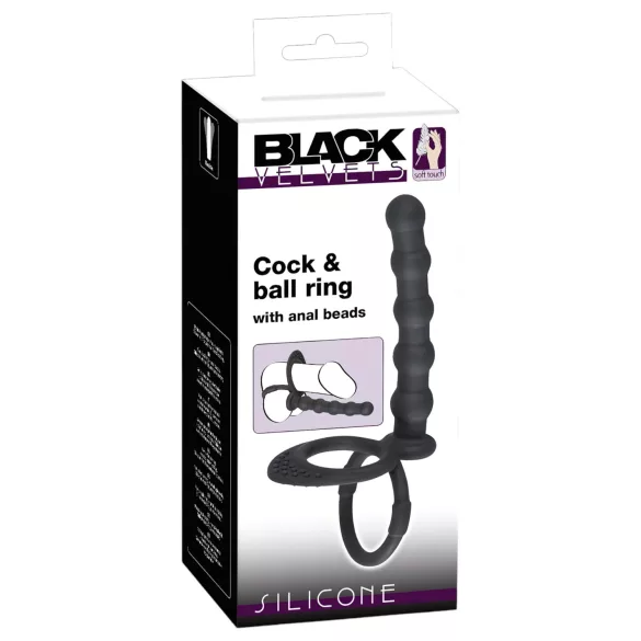 Black Velvets - pierścień na penisa i jądra z analnym dildo - czarny