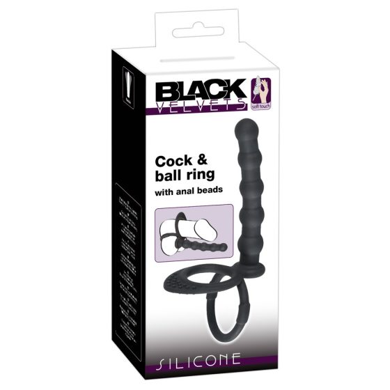 Black Velvet - pierścień na jądra i penisa z dildem analnym (czarny)