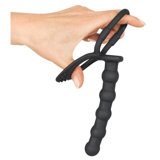 Black Velvet - pierścień na jądra i penisa z dildem analnym (czarny)