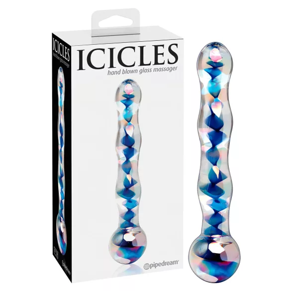 Icicles No. 08 - szklany dildo dwustronny falisty - przezroczysto-niebieski