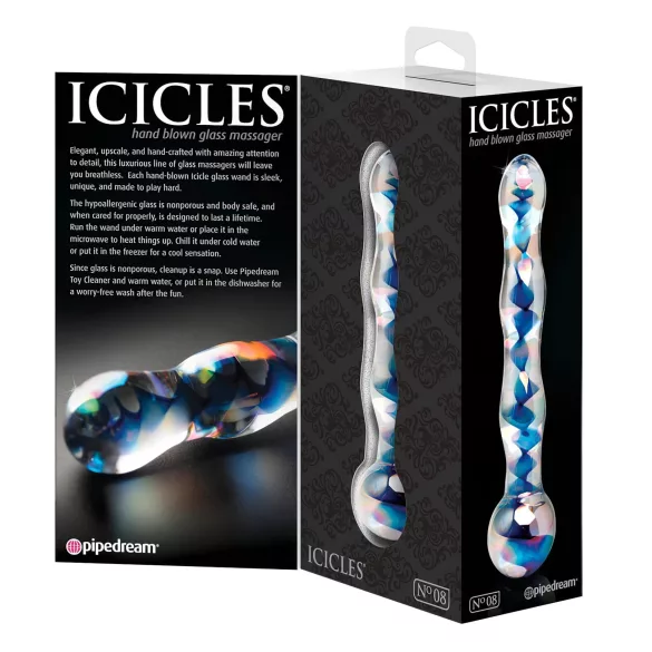 Icicles No. 08 - szklany dildo dwustronny falisty - przezroczysto-niebieski