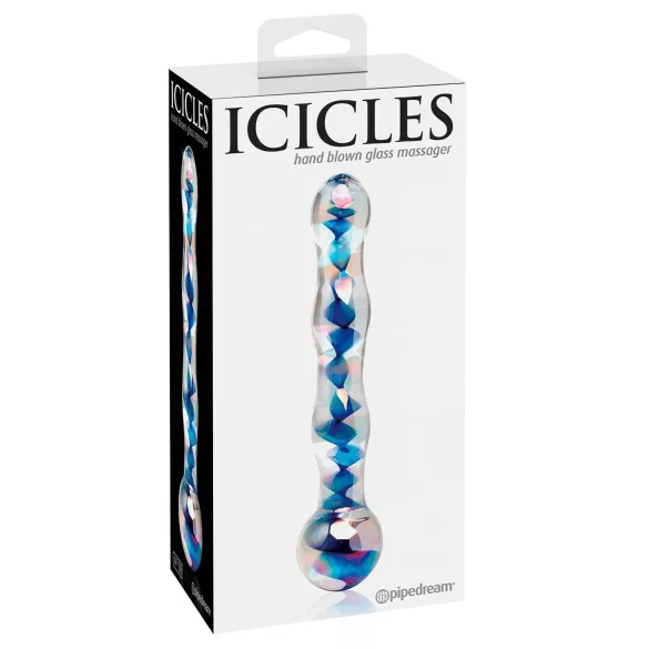 Icicles No. 08 - szklany dildo dwustronny falisty - przezroczysto-niebieski