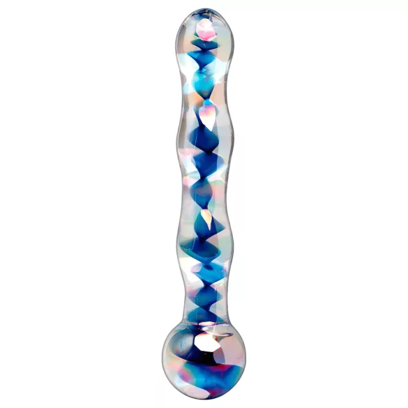Icicles No. 08 - szklany dildo dwustronny falisty - przezroczysto-niebieski