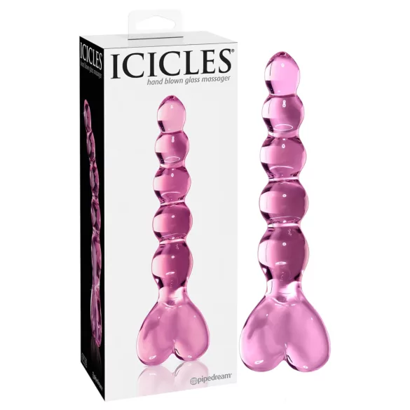 Icicles No. 43 - szklany dildo z perełkami i sercem - różowy