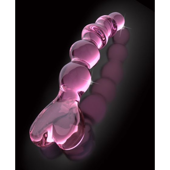 Icicles No. 43 - szklane dildo w kształcie serca z koralikami (różowe)