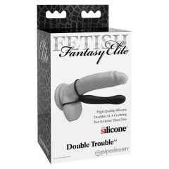   Fetysz Double Trouble - pierścień na jądra i penisa z dildem analnym (czarny)