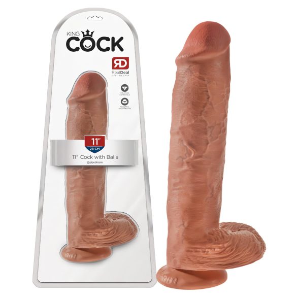King Cock 11 - ciemny naturalny dildo z przyssawką, z jądrami (28 cm)