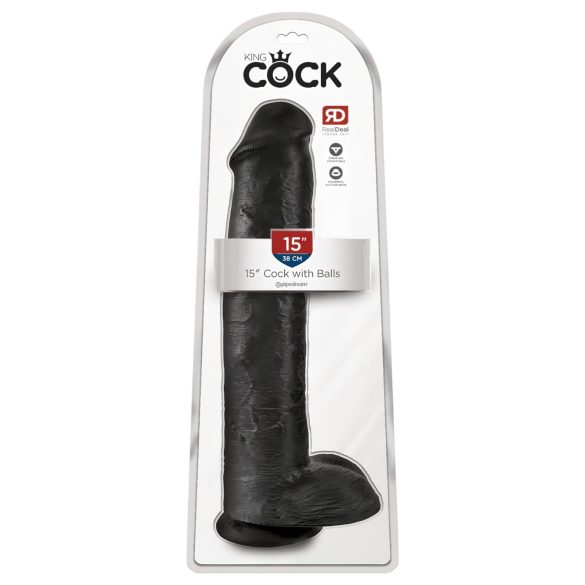 Król Cock 15 - czarny dildo z jądrami i przyssawką (38 cm)