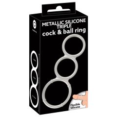   You2Toys - potrójny silikonowy pierścień na penisa i jądra z efektem metalicznym (srebrny)