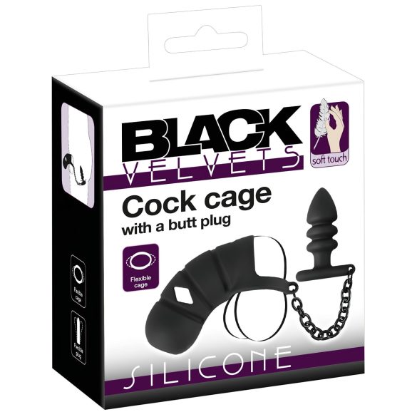 Black Velvet - silikonowa klatka na penisa z korkiem analnym (czarna)