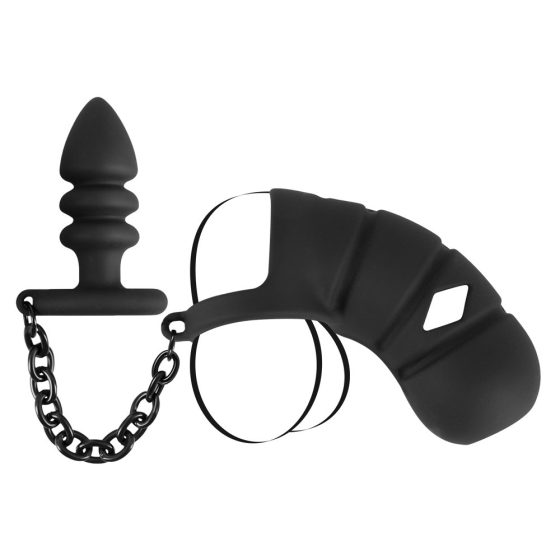 Black Velvet - silikonowa klatka na penisa z dildem analnym (czarna)