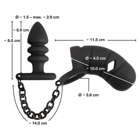 Black Velvet - silikonowa klatka na penisa z dildem analnym (czarna)