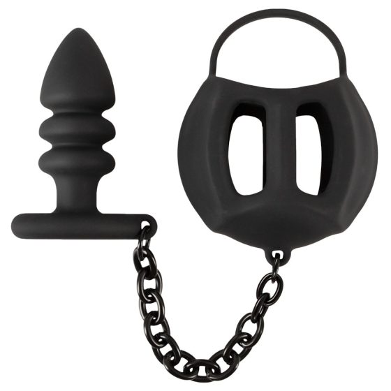 Black Velvet - silikonowa klatka na kutasa z dildem analnym (czarny)