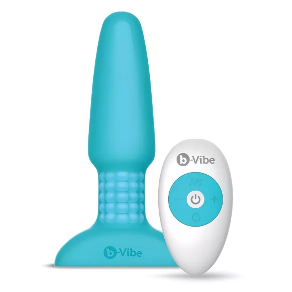 b-Vibe - wibrujący kork analny z obrotowymi kulkami - silikon turkusowy