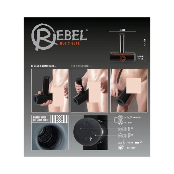Rebel - ładowalny masturbator z wibracjami w górę i w dół (czarny)