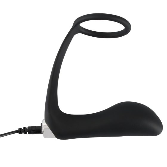 Black Velvet - ładowalny silikonowy wibrator analny z pierścieniem na penisa (czarny)