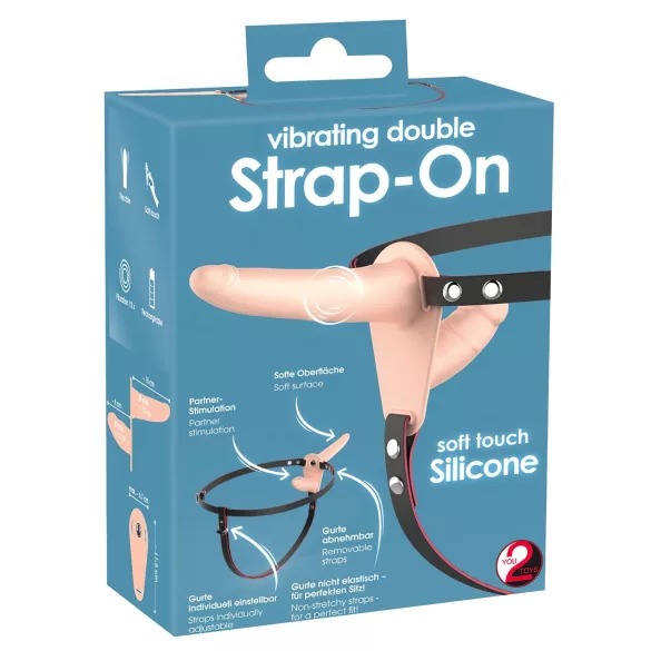 You2Toys - strap-on podwójny wibrator - silikonowy - kolor cielisty