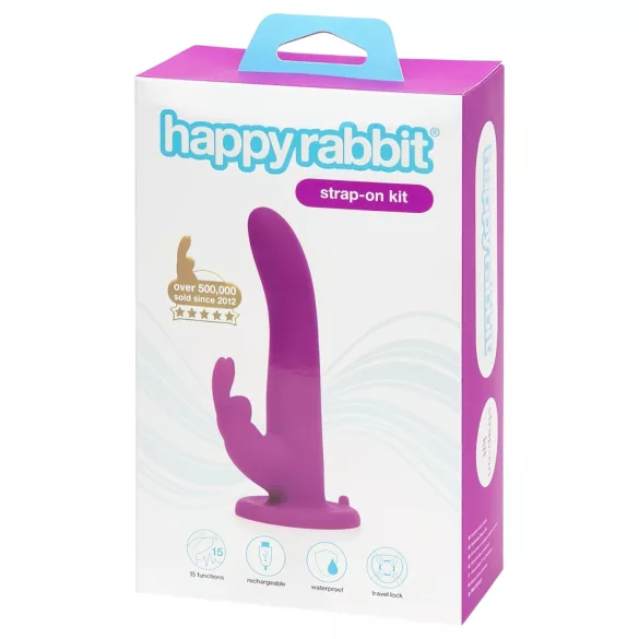 Happyrabbit Strap-On - króliczkowy wibrator do przypinania z ramieniem łechtaczkowym (fioletowy)