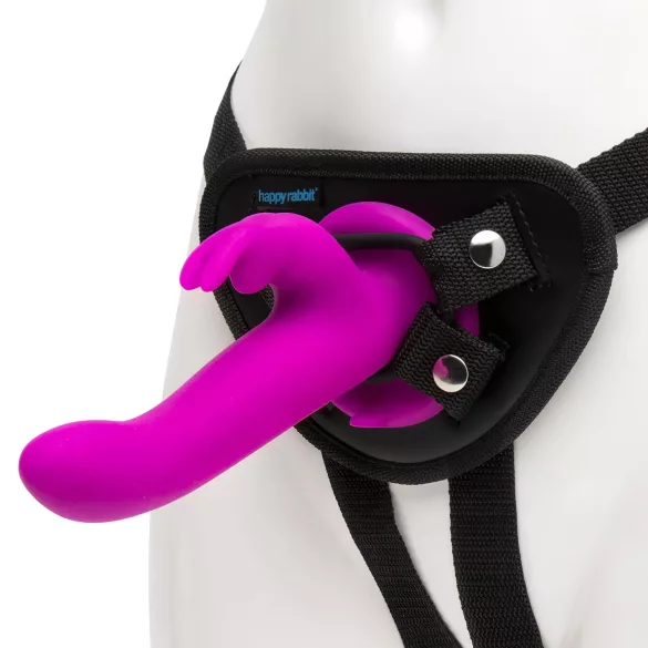 Happyrabbit Strap-On - króliczkowy wibrator do przypinania z ramieniem łechtaczkowym (fioletowy)