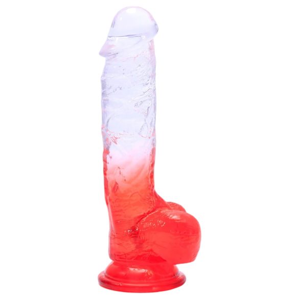 Sunfo – przyssawkowy dildo z jądrami - 21 cm (przezroczysty-czerwony)