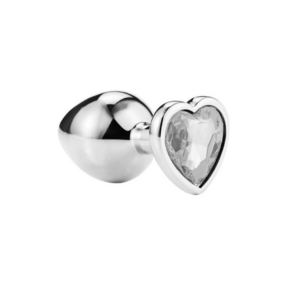Sunfo - metalowe dildo analne z kamieniem w kształcie serca (srebrno-białe)