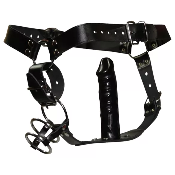 ZADO - stringi skórzane z dildo - 3 pierścienie na penisa - L/XL