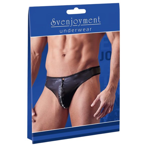 Svenjoyment - połyskujące męskie stringi z kryształkami i zamkiem błyskawicznym (czarne)