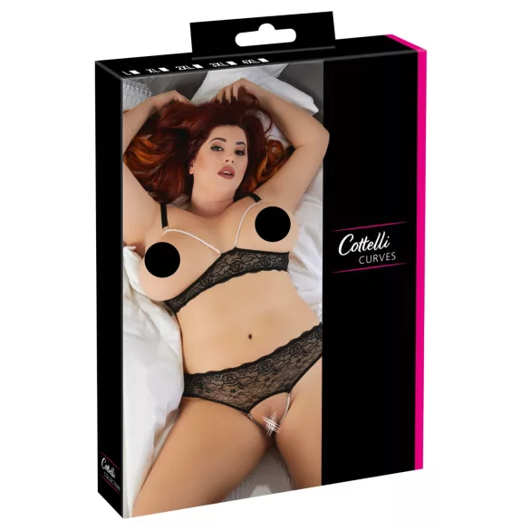 Cottelli Plus Size - komplet bielizny z koralikami - czarny - 3XL