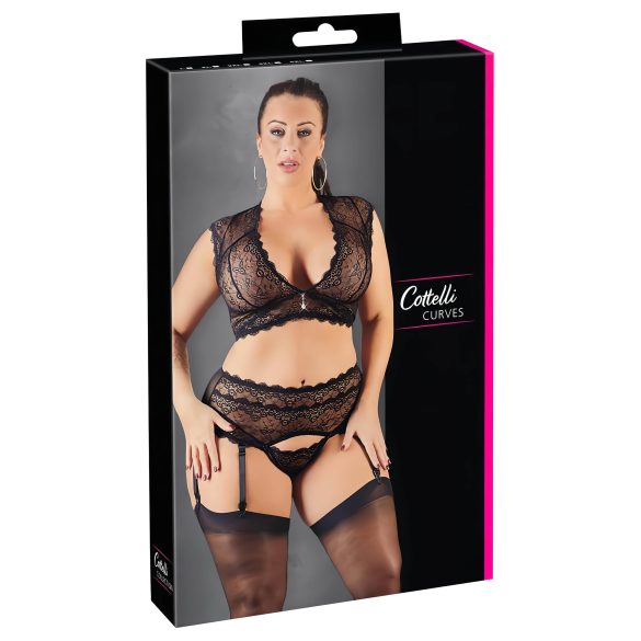 Cottelli Plus Size - lśniący zestaw koronkowy (czarny)