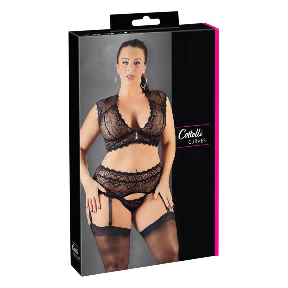 Cottelli Plus Size - lśniący zestaw koronkowy (czarny) - XL