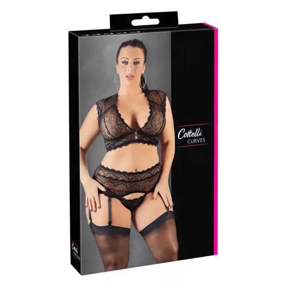 Cottelli Plus Size - komplet bielizny z koronką i cyrkoniami - czarny - 3XL
