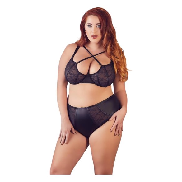 Cottelli Plus Size - Biustonosz i majtki z krzyżowymi paskami (czarne) - 85E/L
