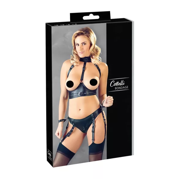 Cottelli Bondage - biustonosz push-up z kajdankami - błyszczący czarny - M