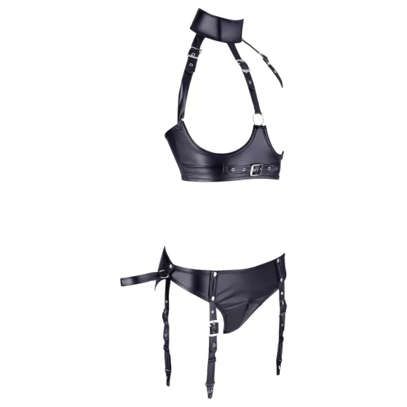 Cottelli Bondage - biustonosz push-up z kajdankami - błyszczący czarny - M