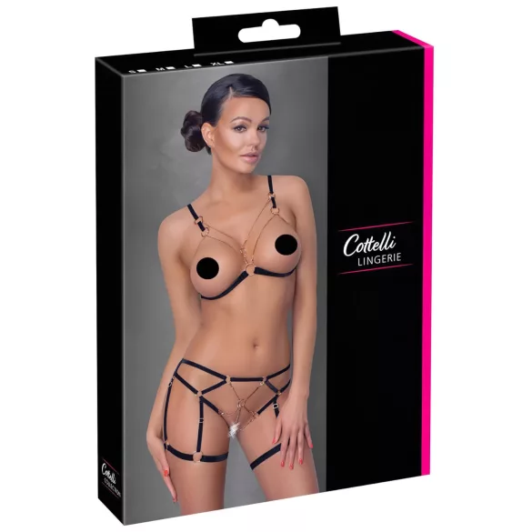 Cottelli - uprząż na ciało z łańcuszkami - 2 części - czarna - M
