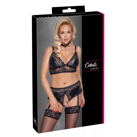Cottelli Curves - komplet bielizny błyszczący efekt - czarny - 2XL