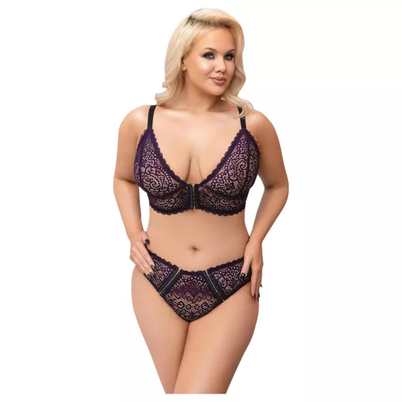 Cottelli Plus Size - prześwitujący wzorzysty zestaw biustonoszy (fioletowy)