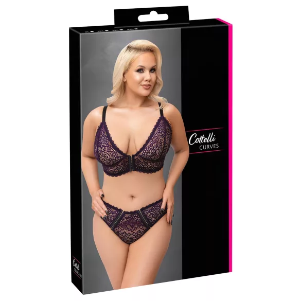 Cottelli Plus Size - prześwitujący wzorzysty zestaw biustonoszy (fioletowy) - 2XL