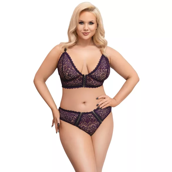 Cottelli Plus Size - prześwitujący wzorzysty zestaw biustonoszy (fioletowy) - 2XL