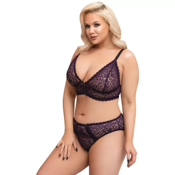 Cottelli Plus Size - prześwitujący wzorzysty zestaw biustonoszy (fioletowy) - 2XL