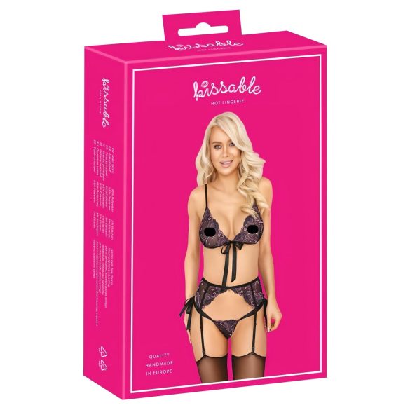 Kissable - czarny stanik z różowo-liliowym haftem - L/XL