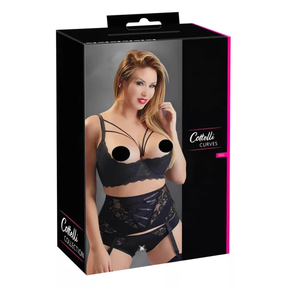 Cottelli Plus Size - biustonosz unoszący piersi z paskami i kółkami (czarny) - 95E