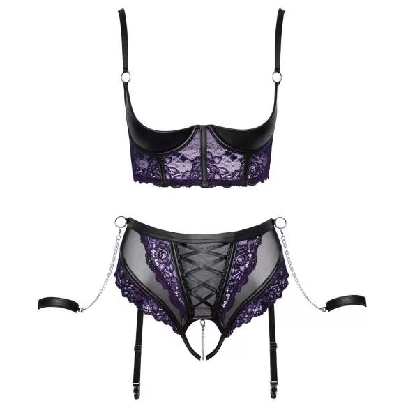 Cottelli Bondage - zestaw biustonosza i kajdanek na ręce (czarno‑fioletowy) - XL