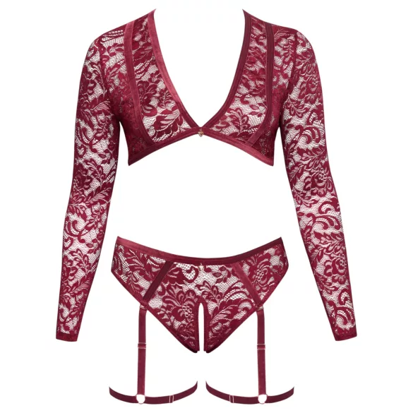 Cottelli Curves - komplet bielizny z długim rękawem - koronka - czerwony - 2XL