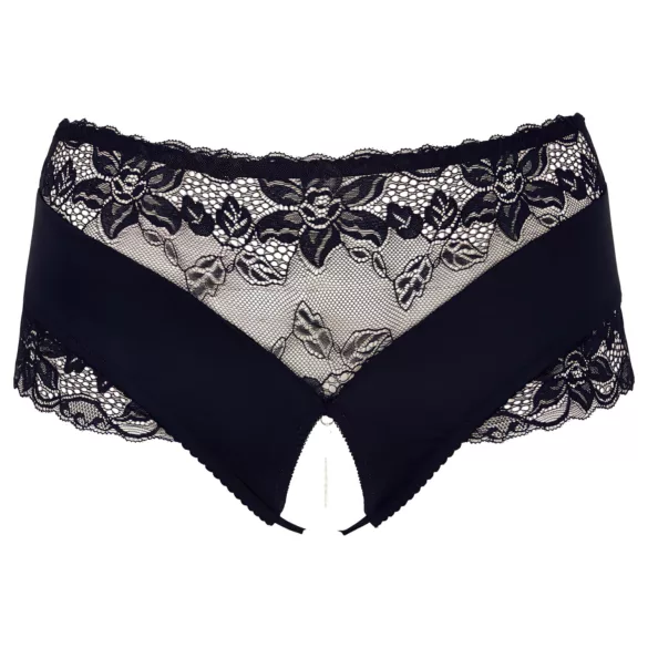 Cottelli Plus Size - figi otwarte z koronką i perełkami - czarne