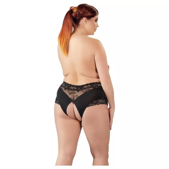 Cottelli Plus Size - figi otwarte z koronką i perełkami - czarne - 3XL