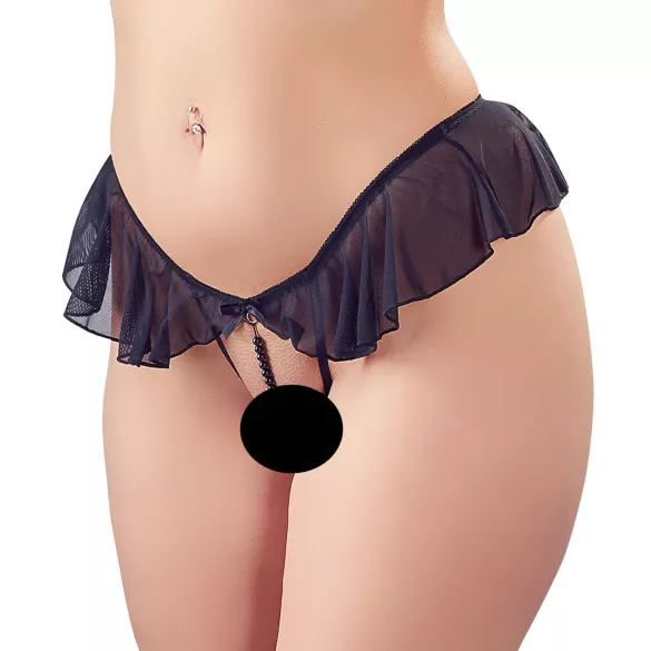 Cottelli - stringi otwarte z perełkami - czarne, z falbanką